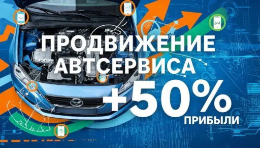 Продвижение автосервиса через определения номеров посетителей сайта дает +50% прибыли. Иллюстрация: автомобиль с цифровыми элементами роста и телефонными символами для лидогенерации автосервиса.