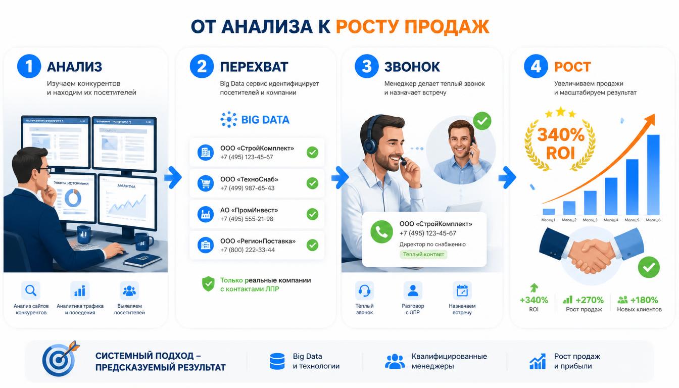 Клиенты конкурентов: полный гид по легальному перехвату и росту продаж в 2026 году 2 Результат работы с клиентами конкурентов: от анализа и перехвата через Big Data до звонка менеджеру и роста продаж. Лиды от конкурентов с конверсией 35% и ROI 340%. Перехват клиентов у конкурентов законными методами через сервис ЯЛидер.