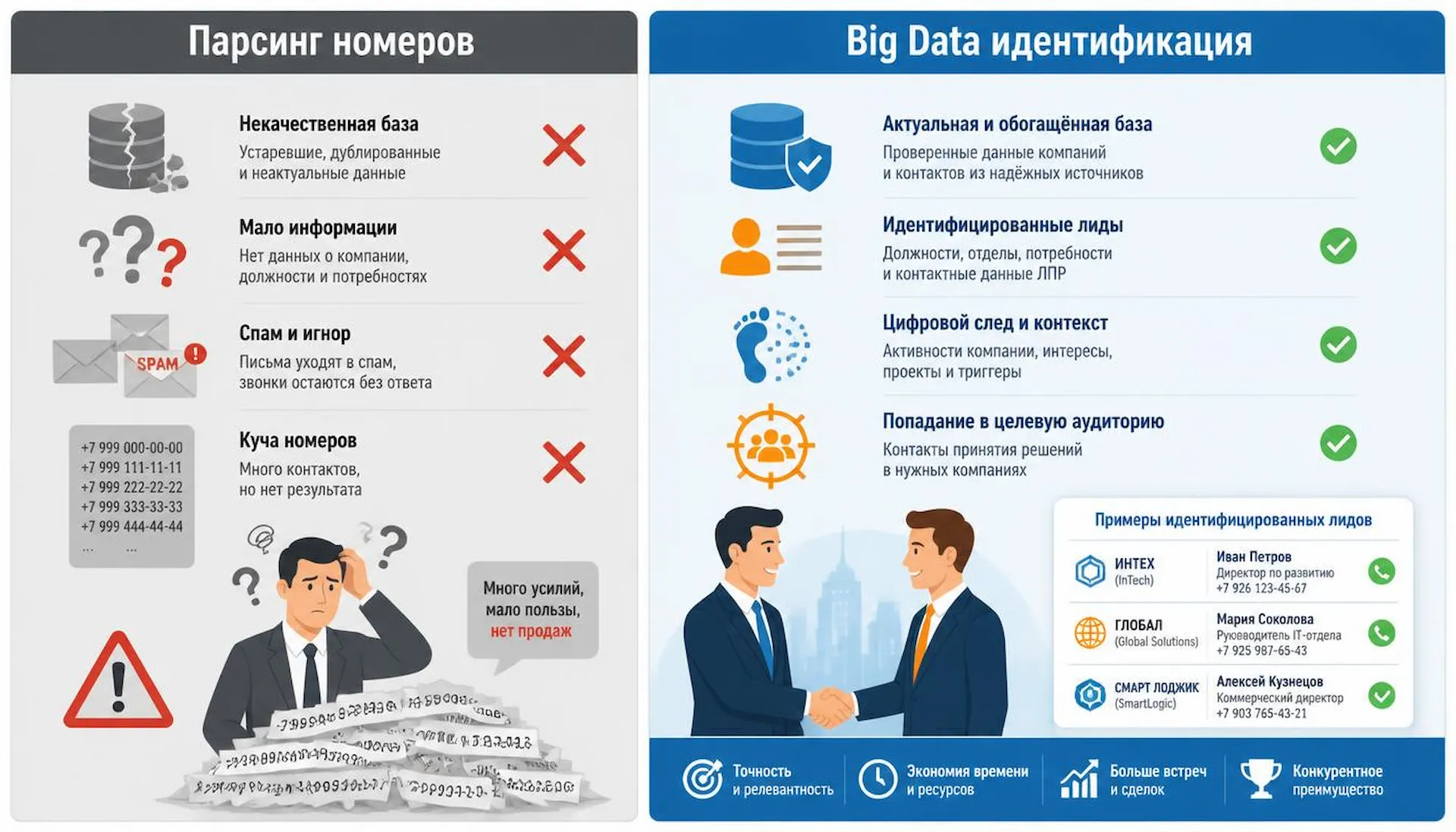 Как узнать номера с сайтов конкурентов: мифы о парсинге и реальность Big Data 1 Сравнение парсинга номеров с сайтов конкурентов и Big Data идентификации. Контакты клиентов конкурентов через легальное определение номеров посетителей конкурентов: качественные лиды с поведенческим контекстом против мусорных данных парсинга.
